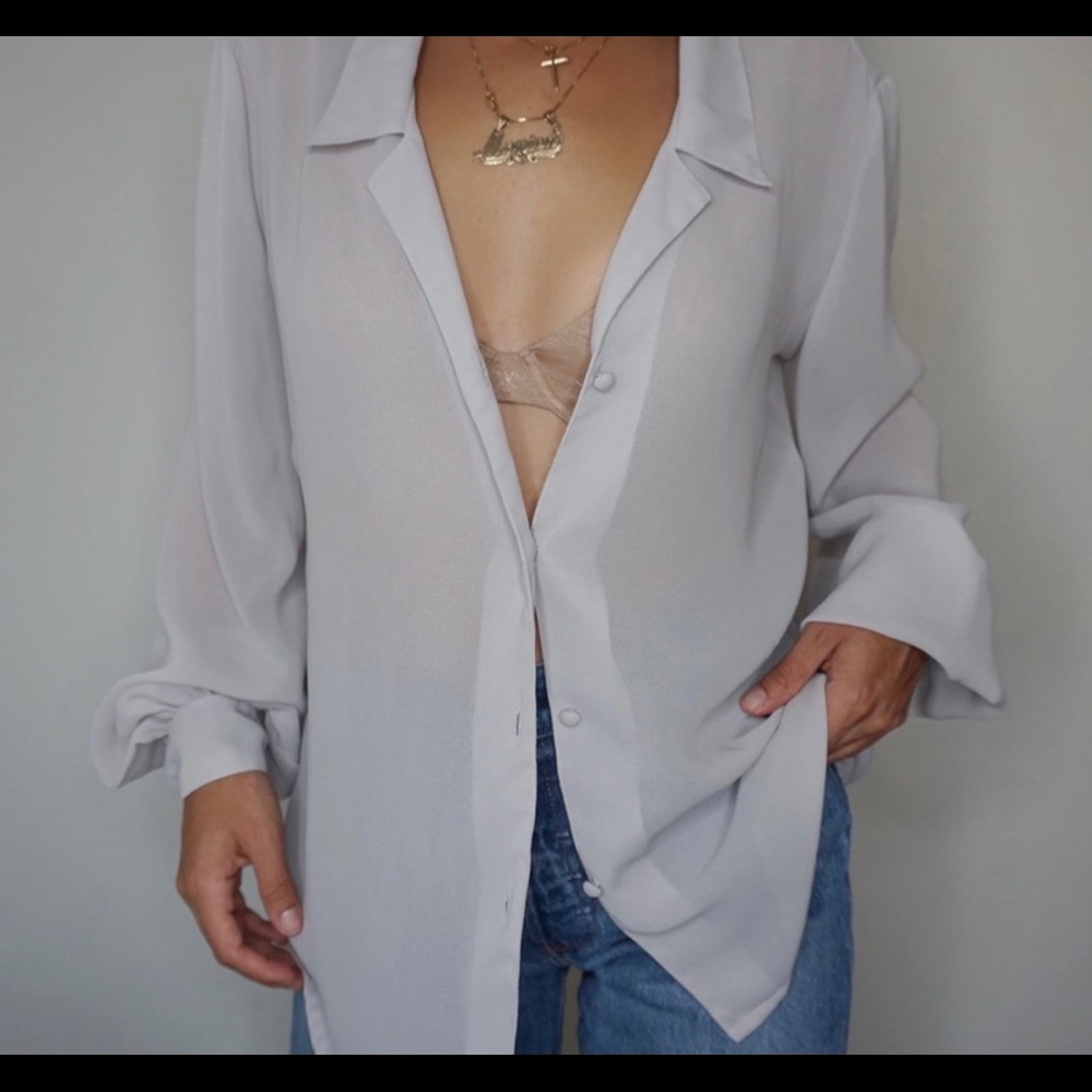 Vintage 80’s gray sheer button down blouse